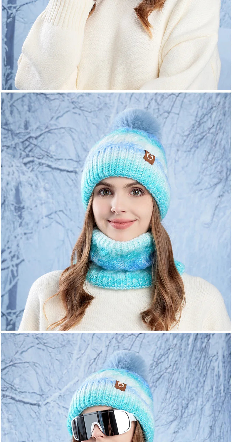 Winter Lady Warm Hat Scarf Two-piece Set Fleece Thickened Gradual Change Color Knitted Skiing Hat Fashion Pullover Hat for Women