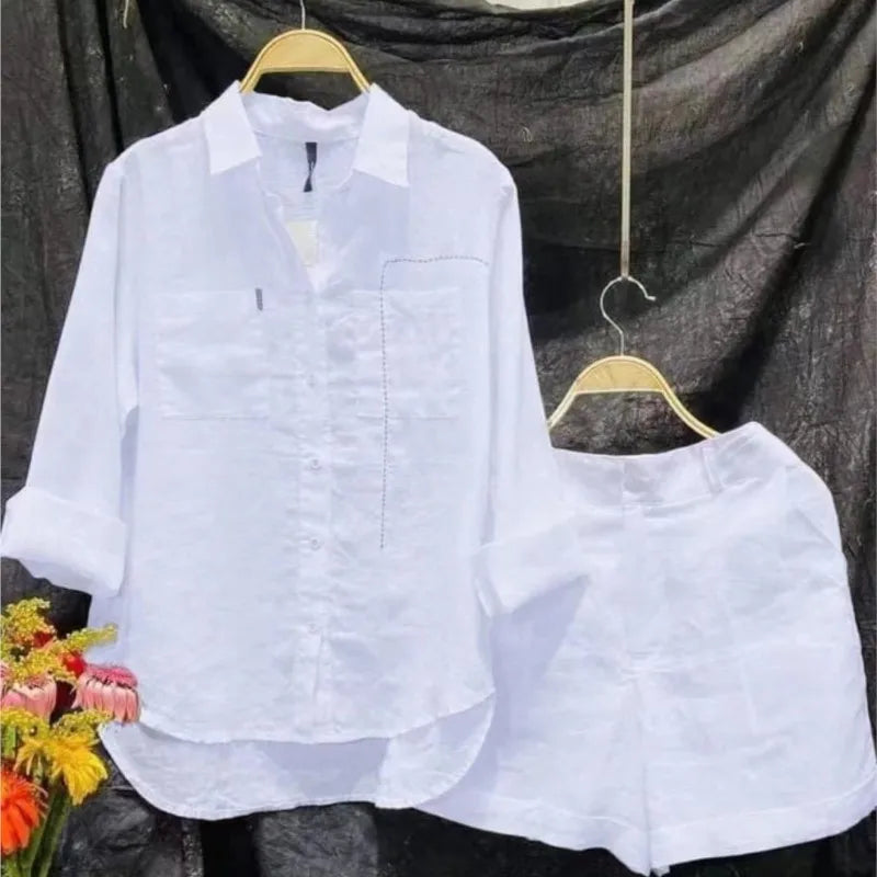 Summer Cotton Linen Casual Home 2 Piece Set For Women 2026 Fashion White Long Sleeve Shirt And Shorts Two Piece Sets Tracksuit Main image