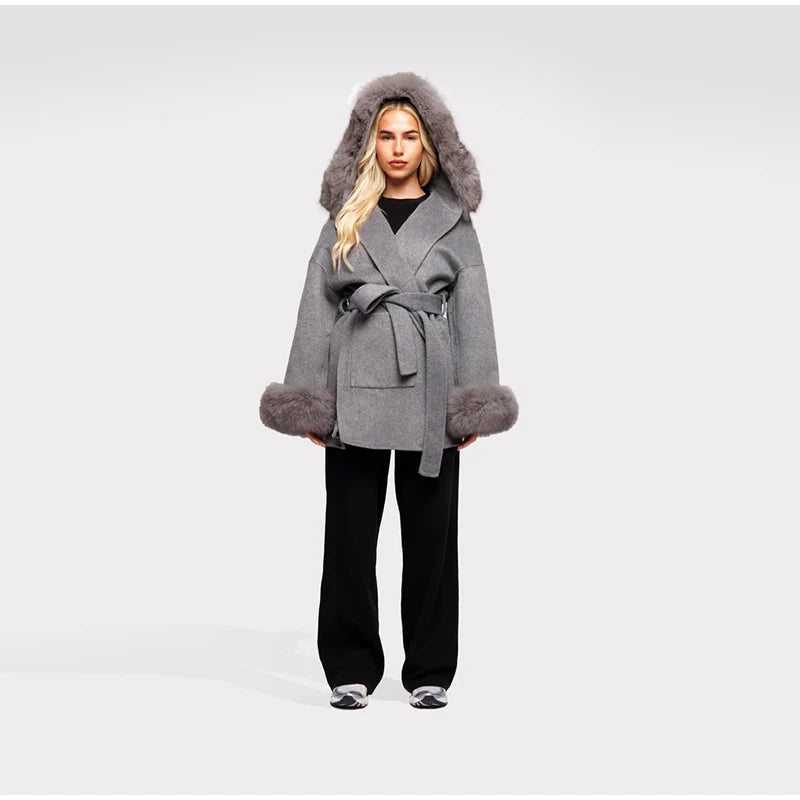 Fashion Hooded Women's Wollen Coat Fur Collar Lace Up Pocket Solid Warm Lady Coats 2025 Autumn Winter Elegant Female Streetwear