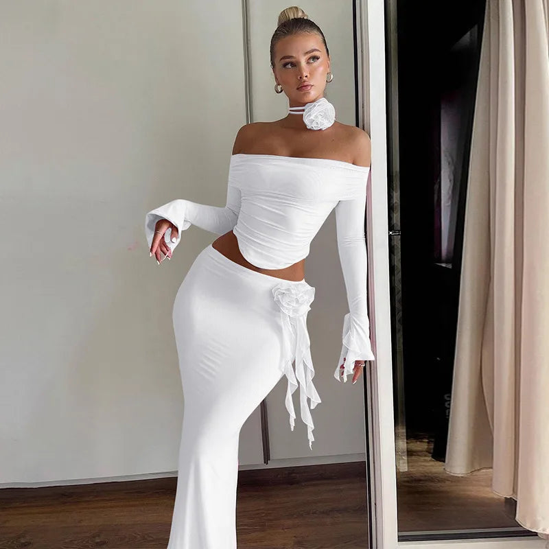 TARUXY Flower Bodycon Skirt Sets Women Slim Sexy Backless Lace Up Tops Women's Party Elegant Dress 2 Piece Womens Suits Outfits