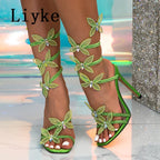 Liyke Fashion Glitter Rhinestones Women Sandals Crystal Butterfly Square Toe Wedding Party Stripper Shoes High Heels Black Blue