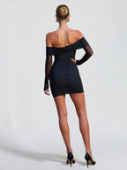 Nibber Metal Trim Dress Women Slash Neck Backless Peach Hip Ruched Ribbon Mesh Long Sleeve Sexy Stretch Skinny Party Bodycon