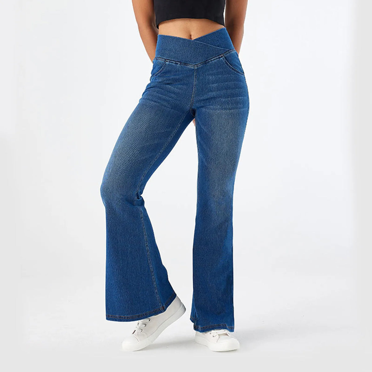 Stretch Denim Flared Pants Womens' Shiny High-Waist Denim Pants Lightweight Flare Jeans Slimming Fit Ladies' Trousers Ropa Mujer Main image