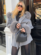 Fashion Hooded Women's Wollen Coat Fur Collar Lace Up Pocket Solid Warm Lady Coats 2025 Autumn Winter Elegant Female Streetwear
