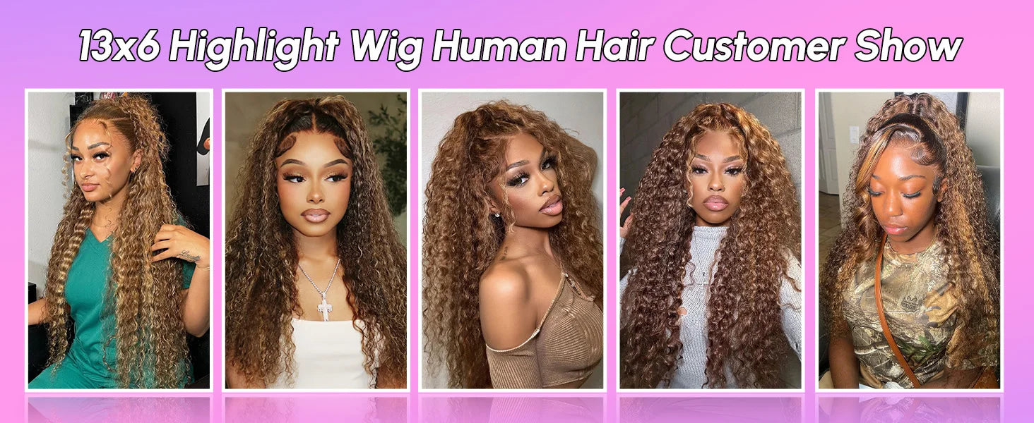 250Density Deep Wave Human Hair Wig 360 Full Lace Front with Hidden Strap 4/27 Blonde Highlights Pre Plucked Brazilian Curly Wig