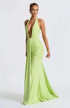 Deep V Neck Draped Ruched Sexy Maxi Dress Women Summer Fashion Halter Sleeveless Backless Club Party Long Dress Elegant BM98