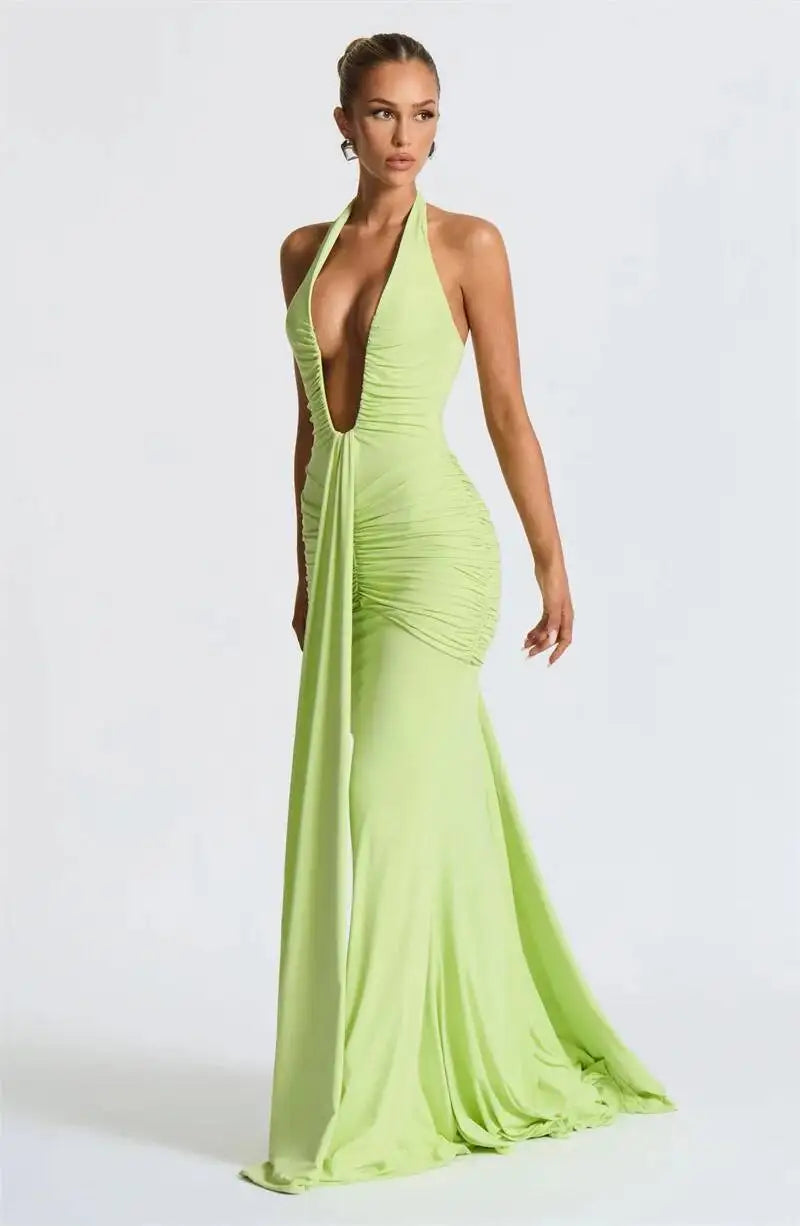 Deep V Neck Draped Ruched Sexy Maxi Dress Women Summer Fashion Halter Sleeveless Backless Club Party Long Dress Elegant BM98