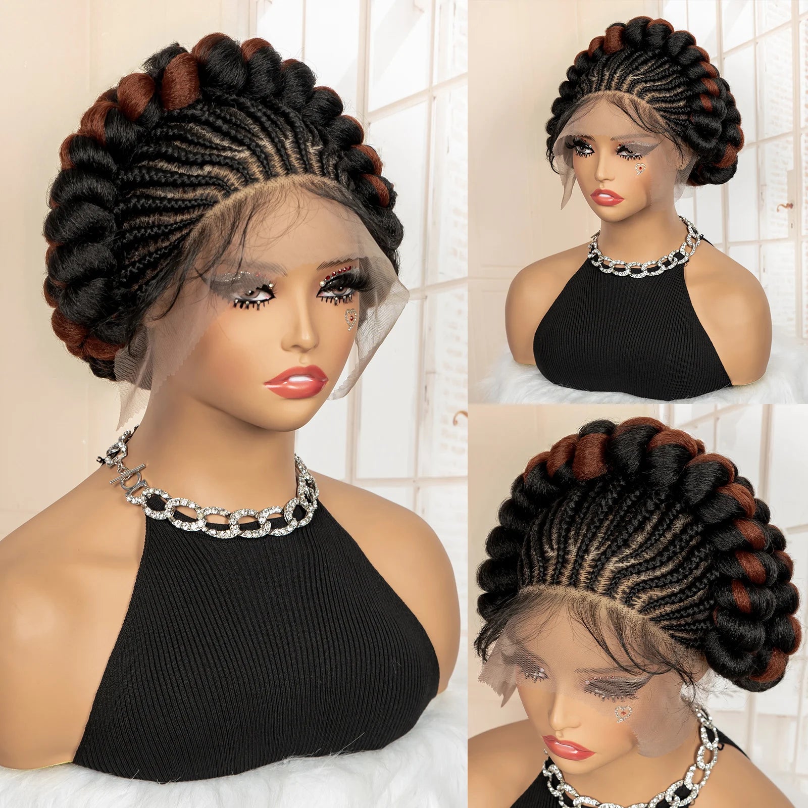 New Synthetic Full Lace Handmade Bantu Braided Wigs African Hair Wig for Black Women Short Cute Knotless Box Braiding Wig