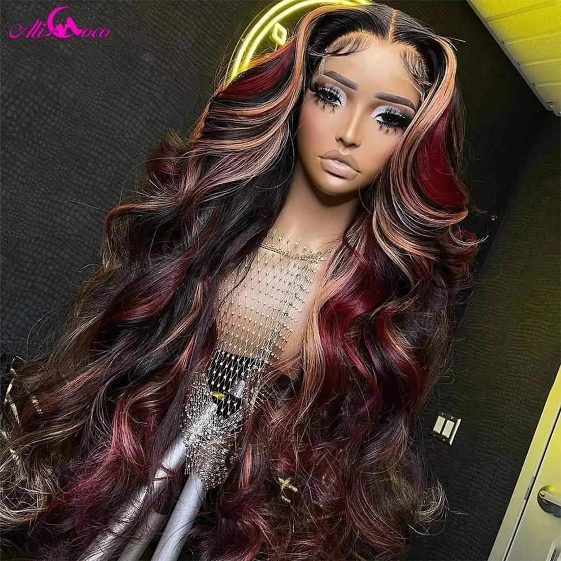 Black Red Blonde Highlight Wig180% Density Blonde Red Highlights 13X4 HD Lace Front Glueless Balayage Wigs Human Hair for Women Secondary image