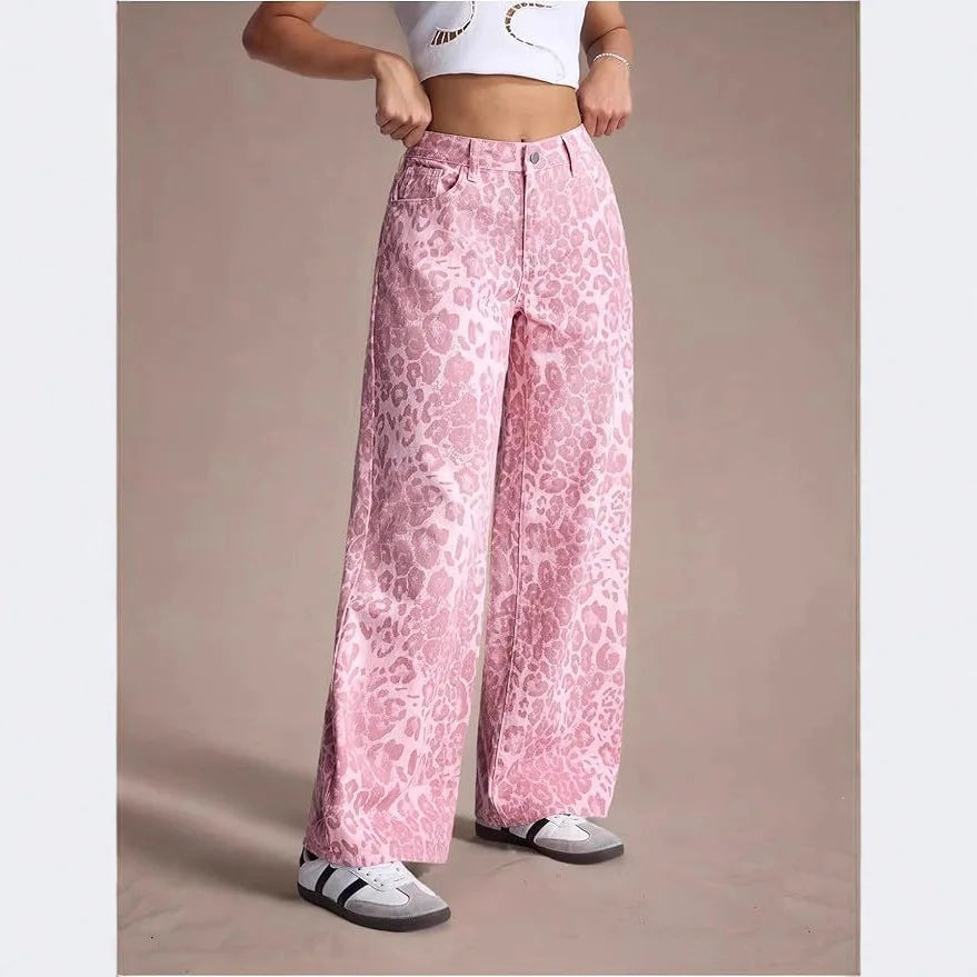 2026 New Pink Women's Jeans, Female Leopard-Print Pants for Spring and Fall.