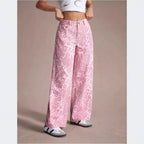 2026 New Pink Women's Jeans, Female Leopard-Print Pants for Spring and Fall.