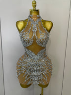 STOCK Sparkly Rhinestones Sexy Mesh See Through Dress Party Evening Prom Celebrate Birthday Dress Singer Dancer Show Stage Wear