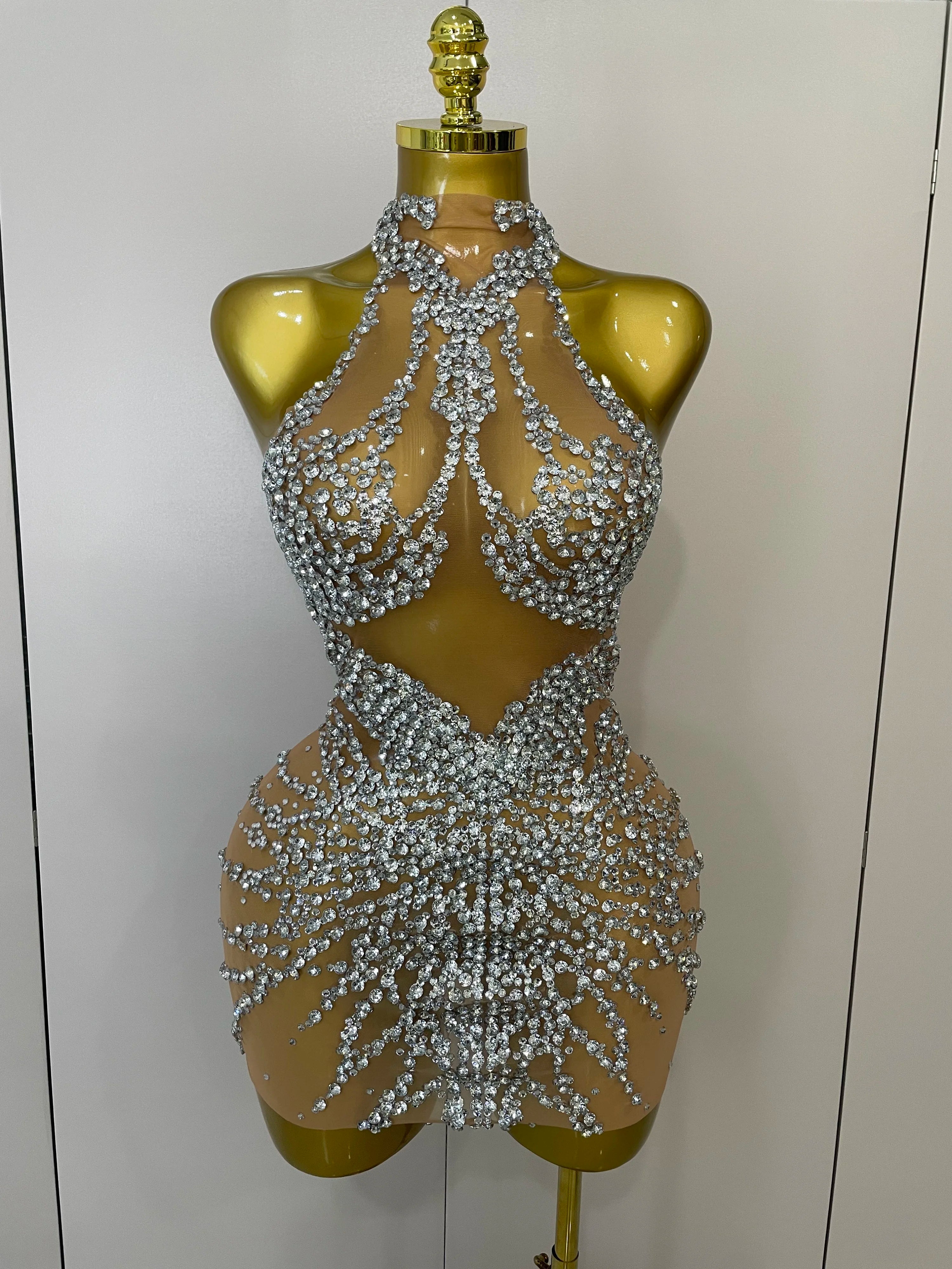 STOCK Sparkly Rhinestones Sexy Mesh See Through Dress Party Evening Prom Celebrate Birthday Dress Singer Dancer Show Stage Wear Main image