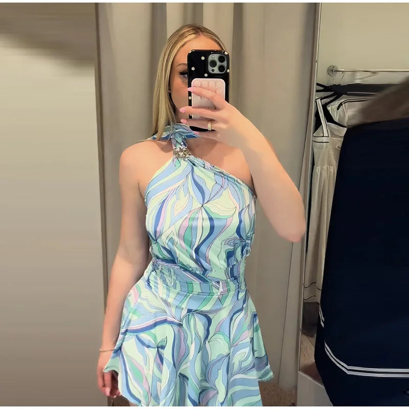 Swirl Print Women's Mini Dress Sexy Halter Neck Sleeveless Backless Ruffles Dresses Female 2026 Summer Fashion Beach Vestidos