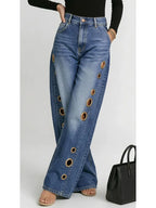 Missuoo Women's Washed Blue High-Waist Metal Grommet Wide Leg Jeans 2026 Casual Loose Fit Streetwear Pants Casual Trousers