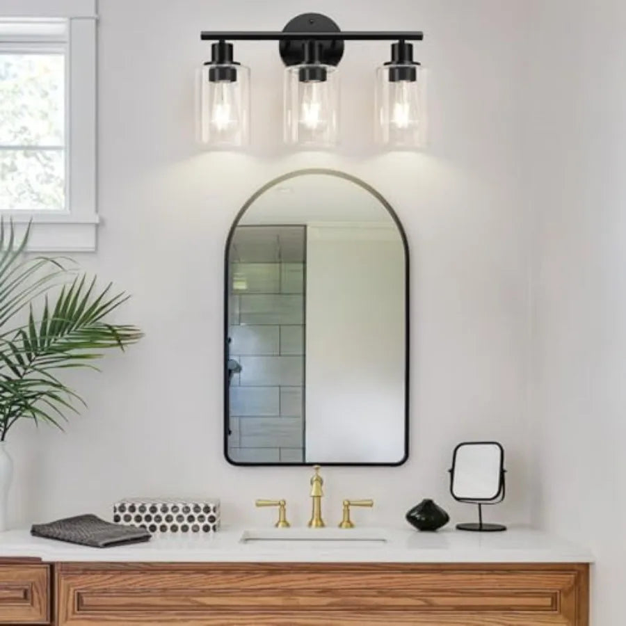 3-Light Bathroom Light Fixtures, 17.23" Black Modern Vanity Lights with Clear Glass Shade, Bathroom Wall Lamp for Mirror Kitche