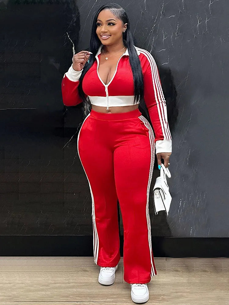 Doyerl Sporty Casual Tracksuit Women Two Piece Sets Striped Long Sleeve Zipper Cropped Jacket Top and Sweatpants Jogging Femme Main image