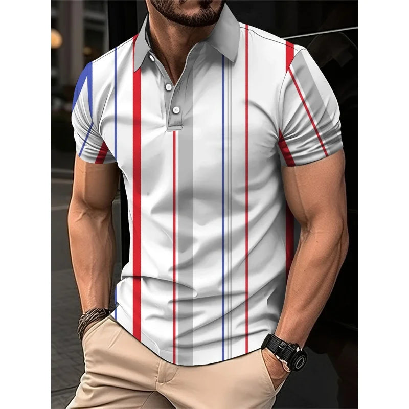 3D Print Stripes Color Block Polo Shirt For Men Colorful Pattern T-Shirts Summer Loose Street Lapel Top Button Short Sleeve Tees Main image