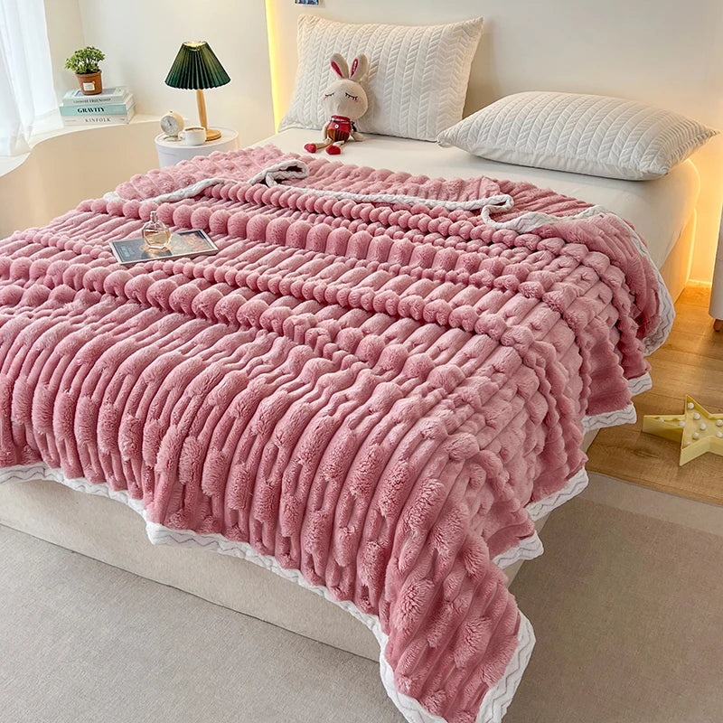 Imitation Rabbit Fur Blankets,Warmth Soft Fleece Velvet Bedspread,Beige Bed Cover Mulitfunctional Travel Drop Shipping 150*200cm