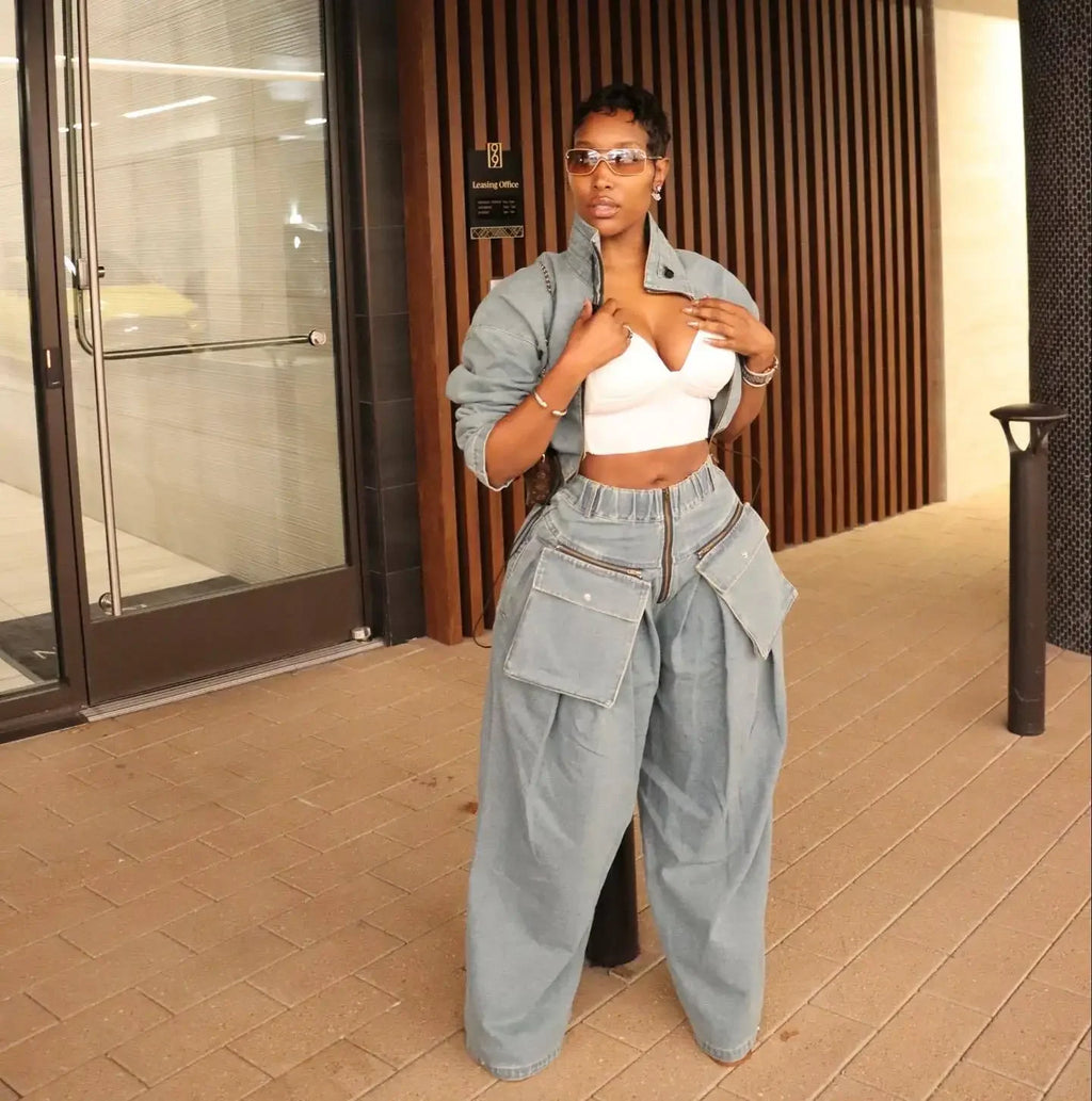 Denim Two Piece Sets Women Coat Jacket Wide Leg Pants Jeans Suits Matching Sets Trousers Outfits 2025/2026 Y2k Streetwear Party