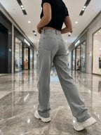 Women's Glittering Embellished Wide-Leg Pants Snowflake-Washed Denim Long Trousers Stretchy Fashionable Casual Pants