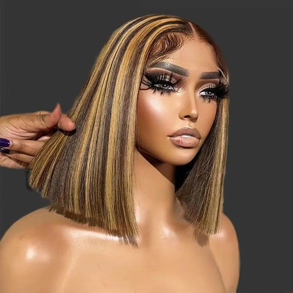 Straight Short Bob Wig P4/27 Highlight 13x4 Transparent Lace Frontal Wig 100% Brazilian Human Hair Wig 180 Density For Women Secondary image