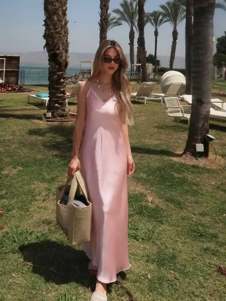 HH Women Summer Yellow Stain V Neck Sling Dress Elegant Sleeveless Loose Maxi Robes 2026 New Ladies Party Holiday Dresses