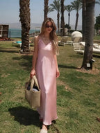 HH Women Summer Yellow Stain V Neck Sling Dress Elegant Sleeveless Loose Maxi Robes 2026 New Ladies Party Holiday Dresses