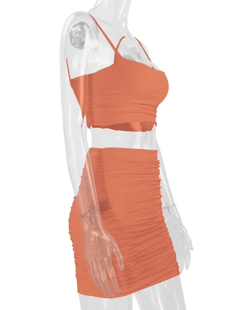 Women's New Sexy Sleeveless Strap Small Tank Top Short Top Fashion Wrinkle Bag Hip Skirt Two Piece Set