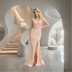 Popular Mermaid Slit Evening Dresses Gowns 2025/2026 Elegant Pearl Pink V Neck Lace Applique Sexy Formal Maxi Dress For Prom Party