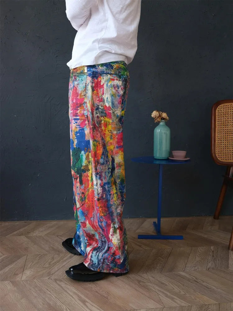 2025 Ropa Y2K Streetwear Graffiti Painting Baggy Jeans Pants For Men Designer Clothes Colorblock Kanye Wide Leg Denim Trousers