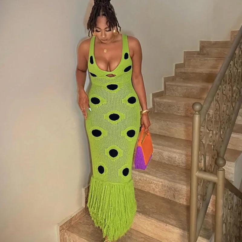 Women Sexy See Through Knitted Maxi Dress Hollow Out Deep Neck Pot Robes Tassel Hem Fork Party Vestidos 2025 New Lady Club Gown