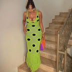 Women Sexy See Through Knitted Maxi Dress Hollow Out Deep Neck Pot Robes Tassel Hem Fork Party Vestidos 2025 New Lady Club Gown