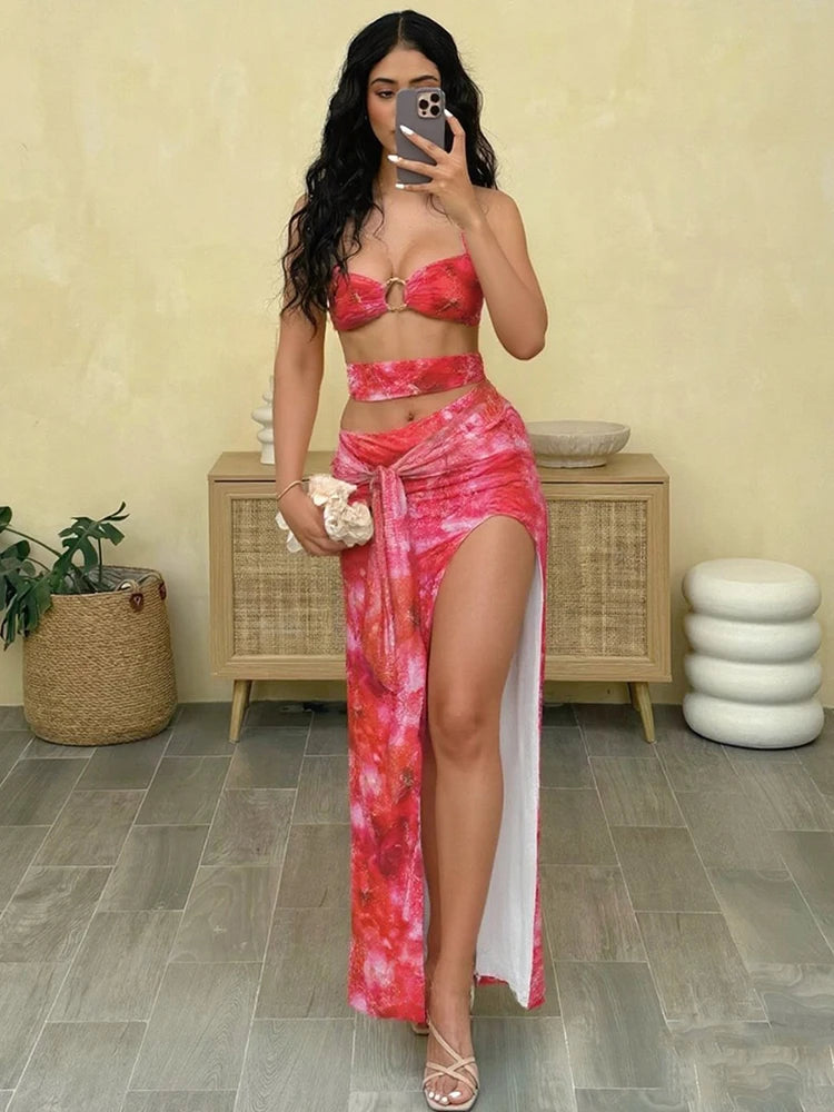 Weird Puss Tie-Dye Print Dress Women Bandage Halter Backless Irregular Hollow Ruched Knot Tie-Dye Ribbon Slits Sexy Long Bodycon