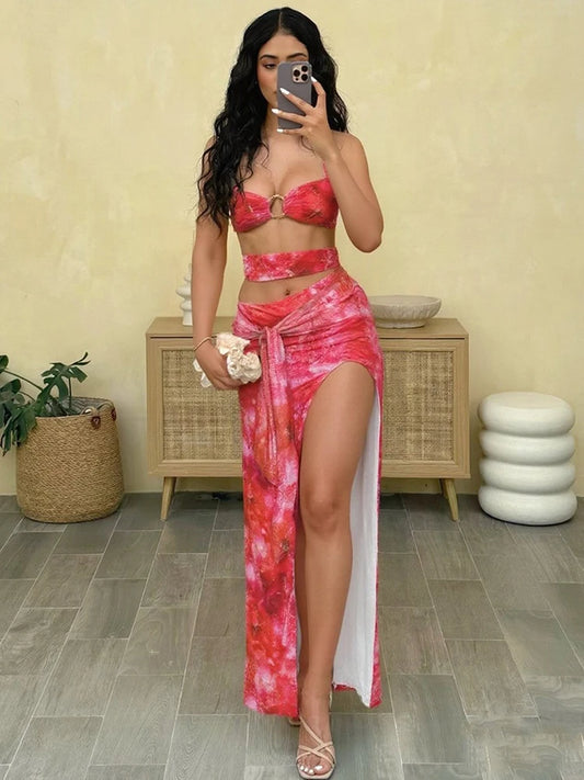 Weird Puss Tie-Dye Print Dress Women Bandage Halter Backless Irregular Hollow Ruched Knot Tie-Dye Ribbon Slits Sexy Long Bodycon