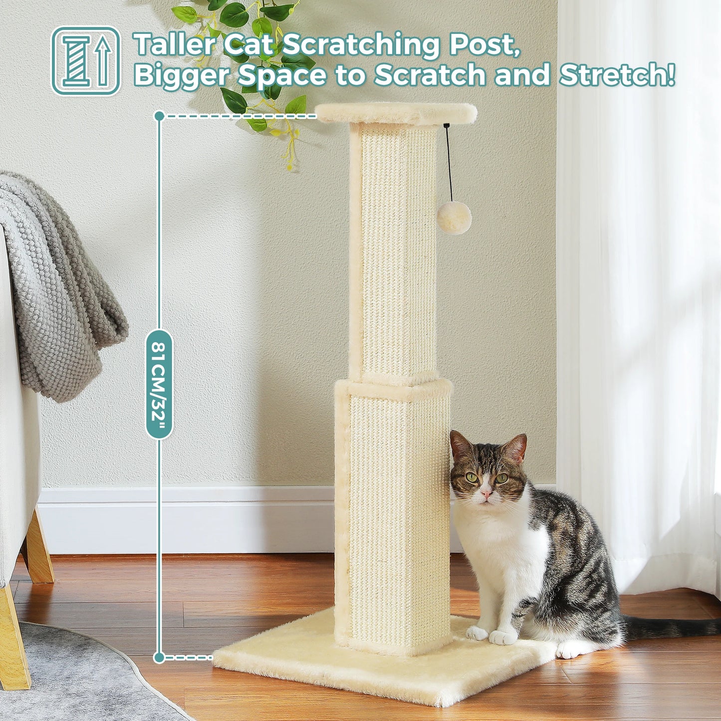 Large Cat Scratching Post for Indoor Cats Adults Ultimate Scratch Post with Woven Sisal Dangling Ball Tall Cat Scratcher Cat Toy