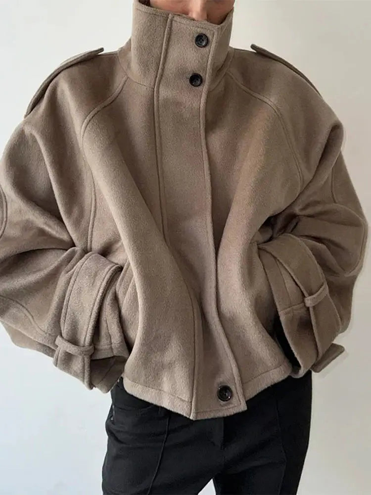 Casual Solid Loose Jackets Women Fashion Full Sleeve Single Breasted Stand Collar Short Coats Female 2025 Autumn Lady Outwears