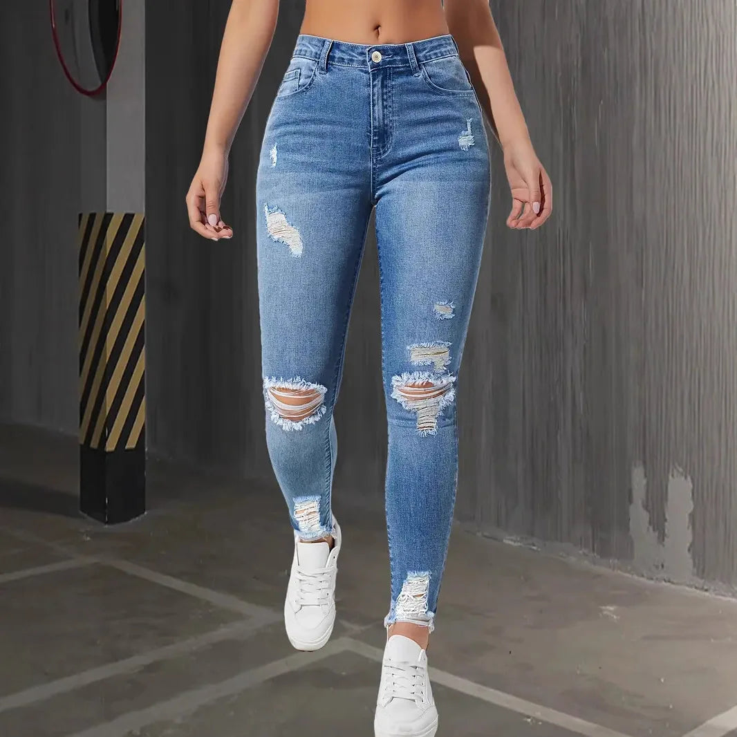 Fashion Skinny Hole Jeans Women 2026 Autumn Stretchy High Waisted Ripped Slim Retro Solid Color Denim Trousers Pants Secondary image