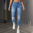 Fashion Skinny Hole Jeans Women 2026 Autumn Stretchy High Waisted Ripped Slim Retro Solid Color Denim Trousers Pants