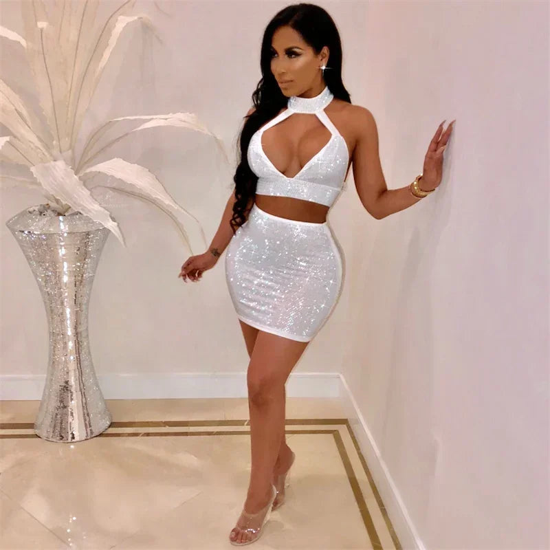 Sparkly Rhinestones Party Club Birthday Outfits for Women Two Piece Set Halter V-neck Crop Top and Mini Skirt Matching Sets