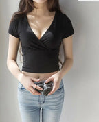New Summer Black Sexy V-neck T-shirt Short Sleeve Y2k Crop Top Women Clothes Streetwear Korean Fashion Corset Tops Tshirts 2026