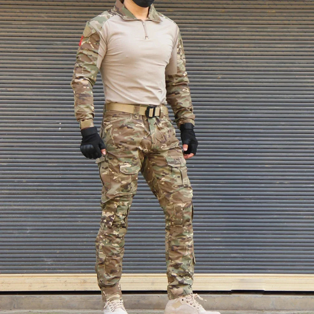 Camo Tactical Sets Outdoor Long Sleeve Wear-resisting T Shirts+Multi-pocket Tactic Cargo Pants Suit Training Workwear Combat Set