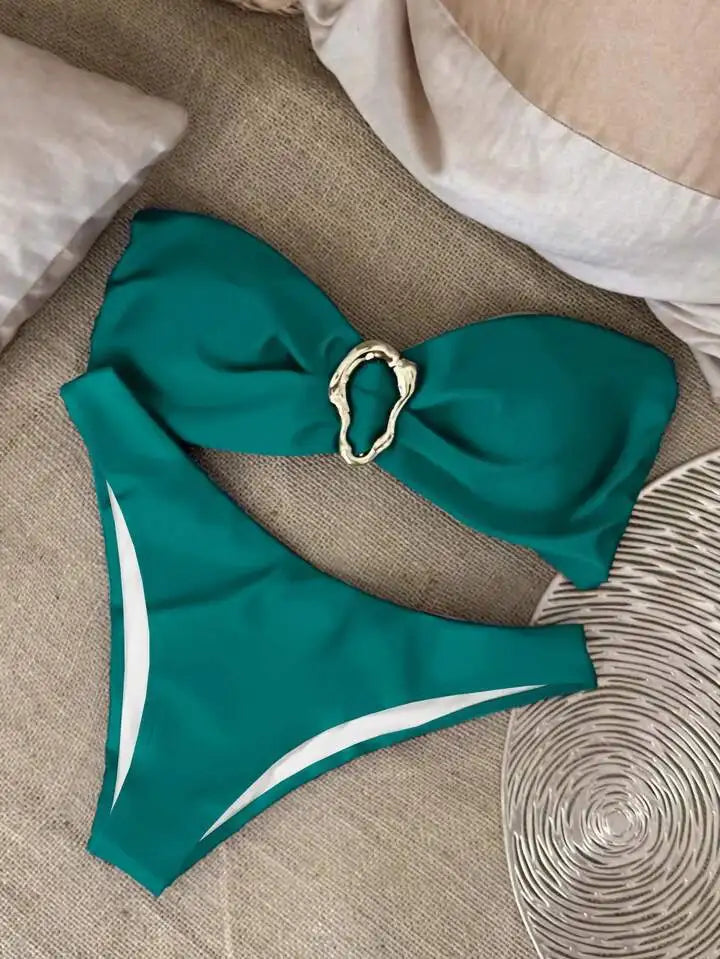 Women Strapless Bikinis Sets Summer Push Up Swimwear Two Pieces Suits Female Sexy Swimsuits Solid Color Lady Backless Beachwear