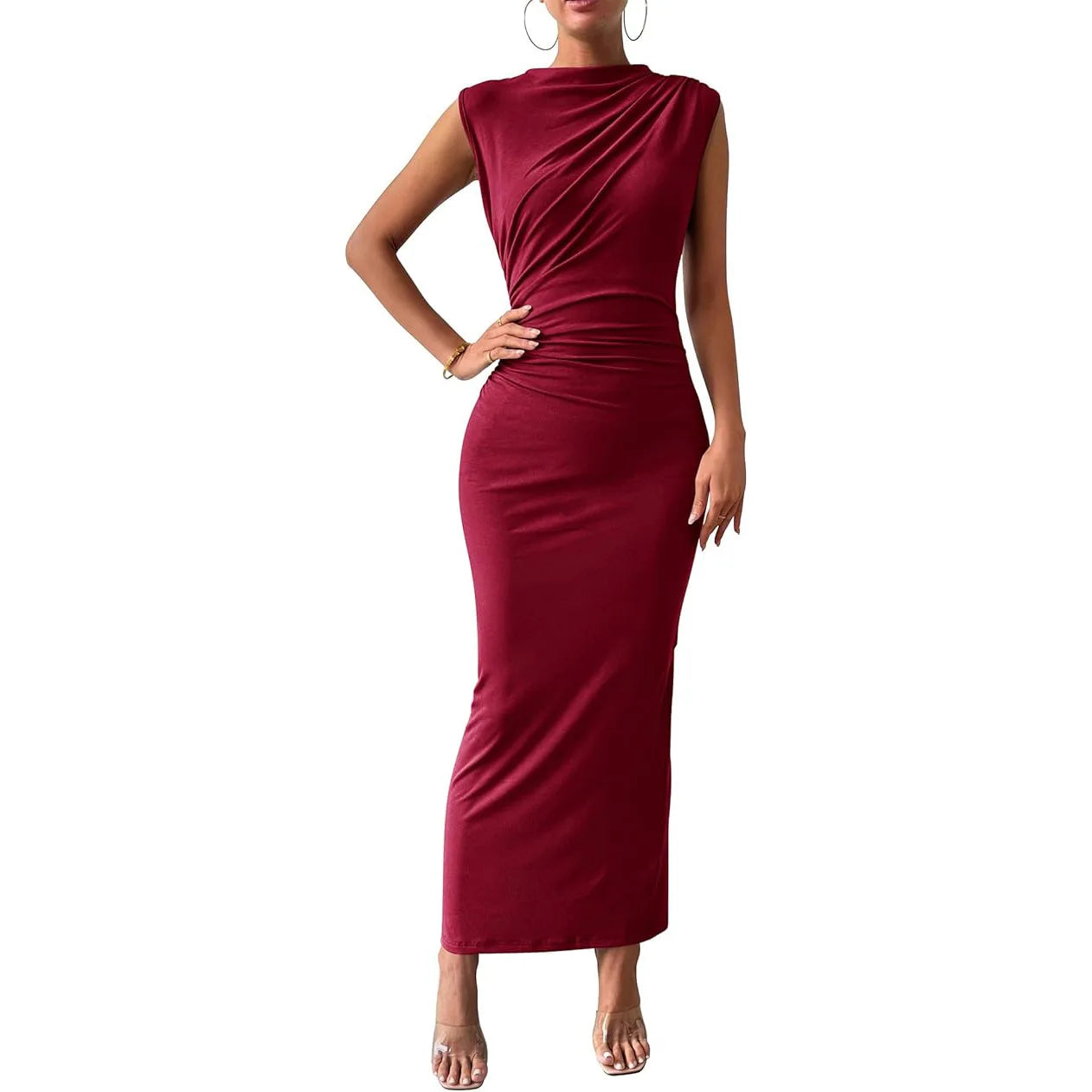 Women Plus Size Elegant Ruched Bodycon Dress Euro Sexy Sleeveless Layering Stretchy Coat Inner Party Outfit Fashion Basic Dress