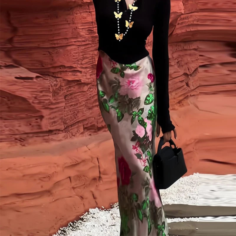 Women Clothing Stylish Vintage Satin Floral Print Luxury Chic Long Skirts Female Elegant High Waist Slim Party Maxi Skirt Faldas Main image