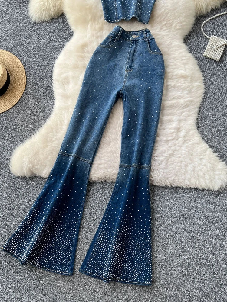Denim Pant Set Women Two Piece Sets Sexy Matching Sets Sleeveless Short Tops Long Flare Pants High Waist Slim Hot Diamond