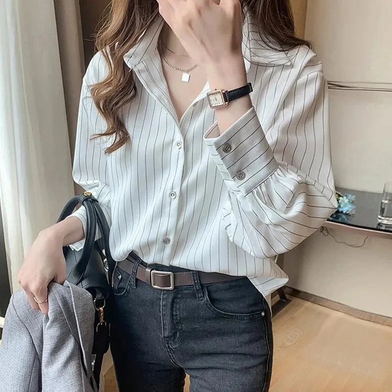 Striped Shirt Women Summer Vintage Chic Loose Long Sleeve Top Y2K Office Ladies Fashion Casual Turn Down Collar All Match Blouse Secondary image
