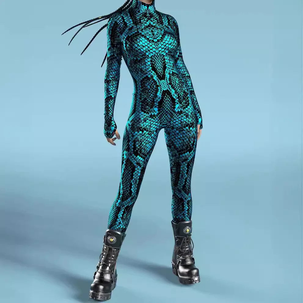 Women's Stylish Green Snake Print BodySuit New Halloween Adult Cosplay Jumpsuit Colorful 3D Printing Carnival Party Rave Outfits