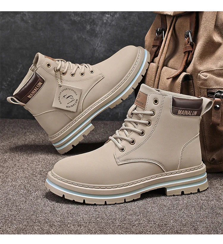 Classic Men High Top Boots High Quality Yellow Leather Boots Fashion Outdoor Sneakers Men Lace Up Non-Slip Ankle Boots for Men