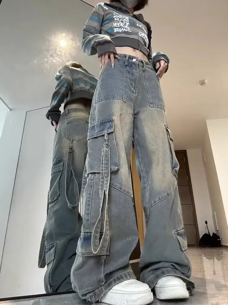 Female Jean Spliced Pockets Cargo Pants Washed Denim High Waist Full Length Jeans Loose Solid Basics Patchwork Distressed